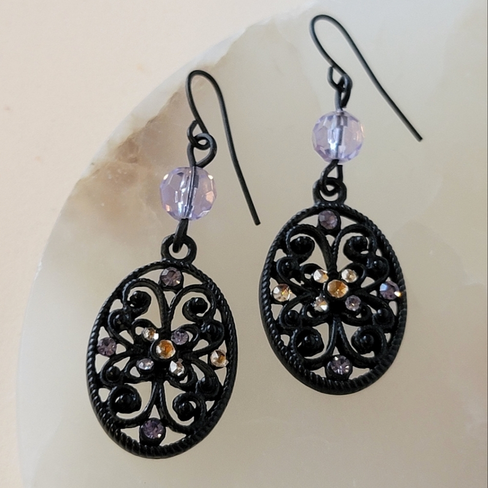 Black Floral Filigree Scrolls and Lilac Clear faceted Beads and Rhinestone